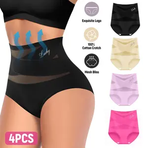 4 Pack Women High-Waist Seamless Panties, Slight Shaping Silk Mesh Control Briefs, Breathable Underwear