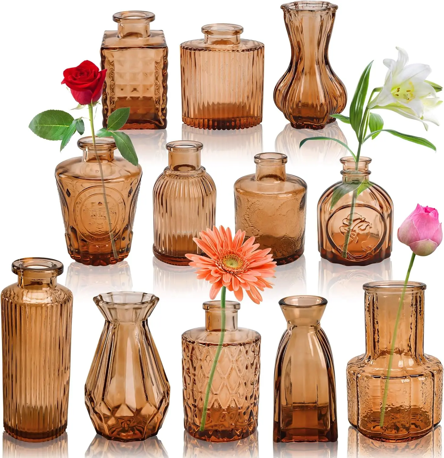 Der Rose 12 Pack Glass Bud Vase Set for Flowers Amber Clear Bud Vase in Bulk Glass Vase for Centerpieces for Rustic Wedding Decorations Floral Arrangements Home Table Decor