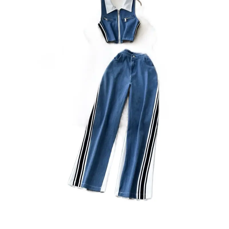 Ladies Vintage Set Sleeveless Top and Denim Pants with Side Stripes for Casual Wear