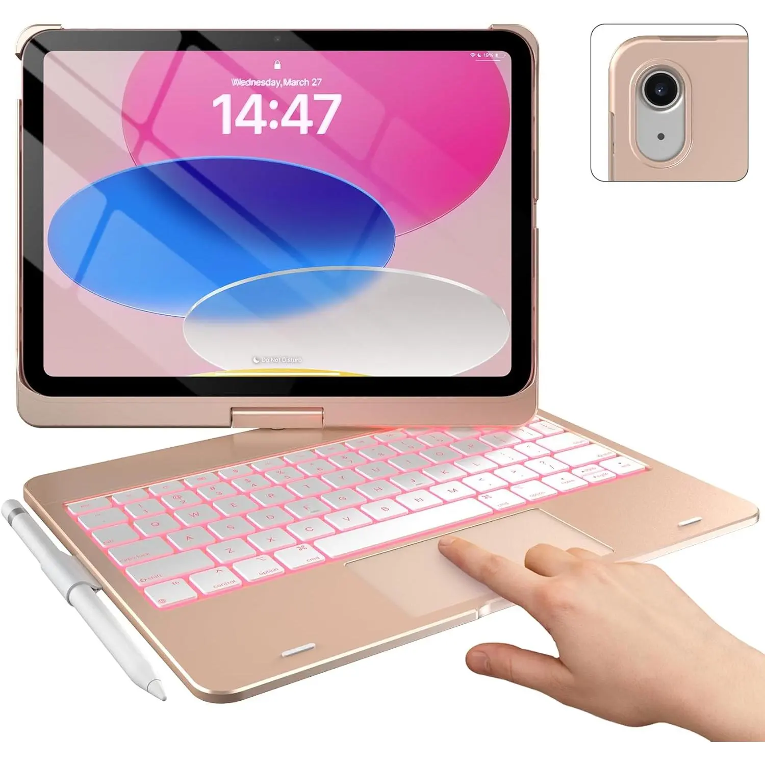 Touch iPad 10th Generation Case with Keyboard (10.9", 2022) and iPad A16 (11th Gen, 2025) - 360? Rotatable, 11-Color Backlit, Multi-Touch Trackpad, Thin & Light (Rose )