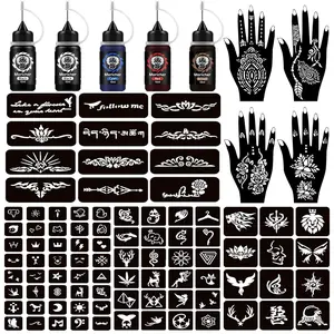 Temporary Tattoo Kits 5 Inks 102 Stencils, Henna Tattoo Kit with Mandala Stencils Semi Permanent Tattoo Markers Jagua Gel for Women Men Kids DIY...