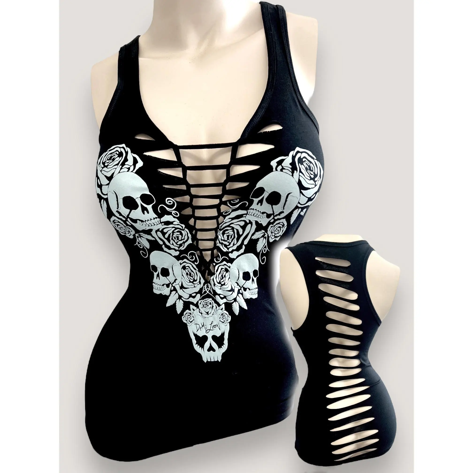 Love to Death Skulls & Roses Braid Back Tank- Black