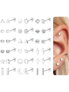 18 Pairs Stainless Steel Stud Earrings for Women Men Cartilage Earrings Cross Moon Star Zircon Small Stud Earrings Screw Flat Back Earrings Silver Gold Earring Stacking Set
