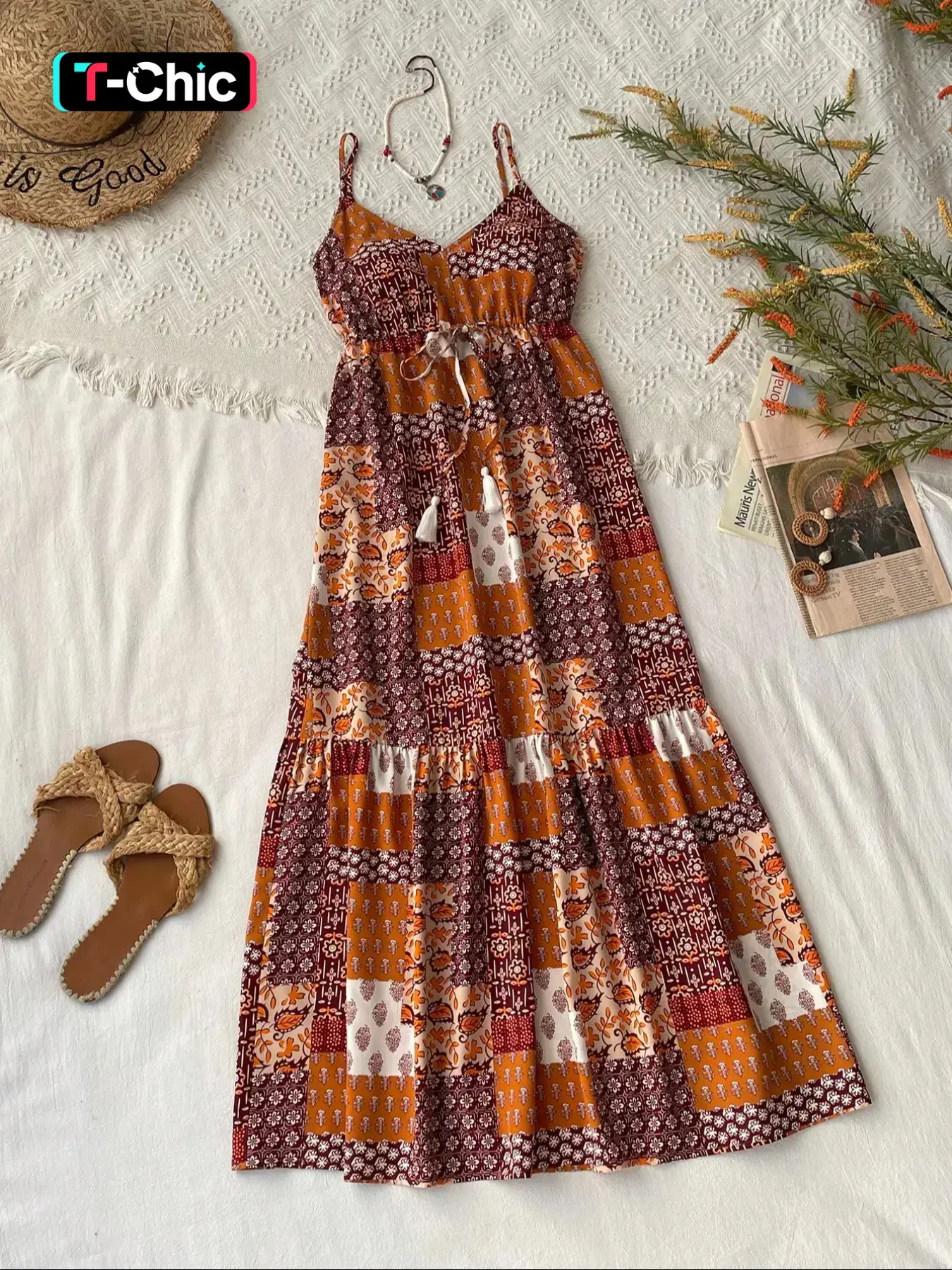 Women's Patchwork Floral Print  Cami Spaghetti Strap Dress, Casual Comfy Boho Fashion Casual Sleeveless  Dress for Beach Holiday Vacation, Ladies Clothes for Summer