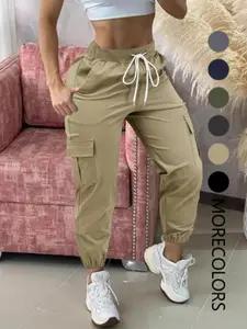 Women's Plain Drawstring-Waist Cargo Pants, Casual Pocket Trousers for Daily Wear, Ladies Bottoms for All Seasons