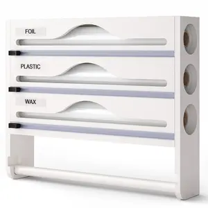 A space management tool for kitchen optimizers, Kitchen Tool Organizer: The bamboo cutter with integrated paper towel holder solves categorized storage of wrapping films and tissues in cooking zones, enhancing kitchen efficiency