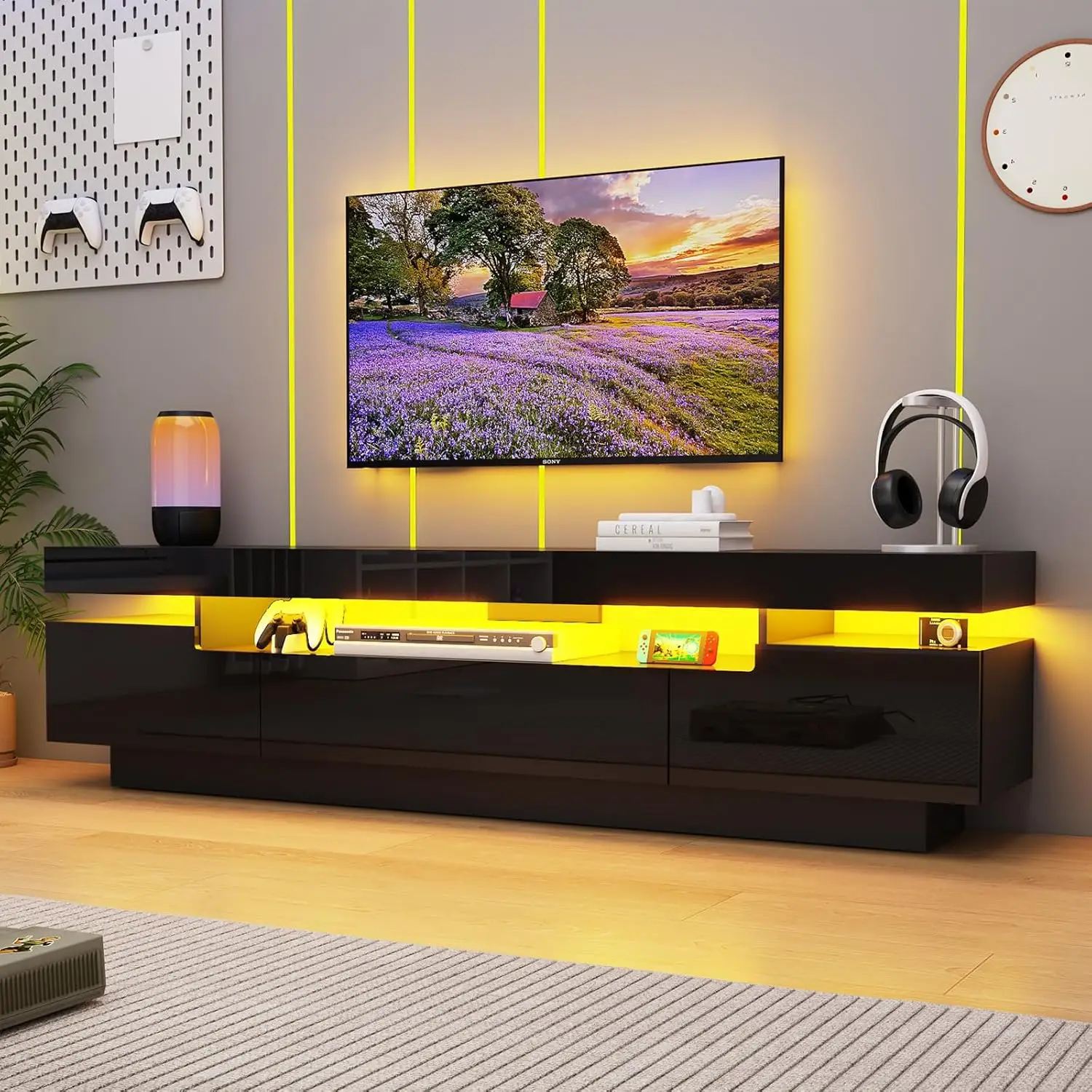 70IN White TV Stand for 75/80 inch TV,Modern LED TV Stand for Living Room,High Gloss Entertainment Center with Storage Drawer,APP RGB Light,TV Console