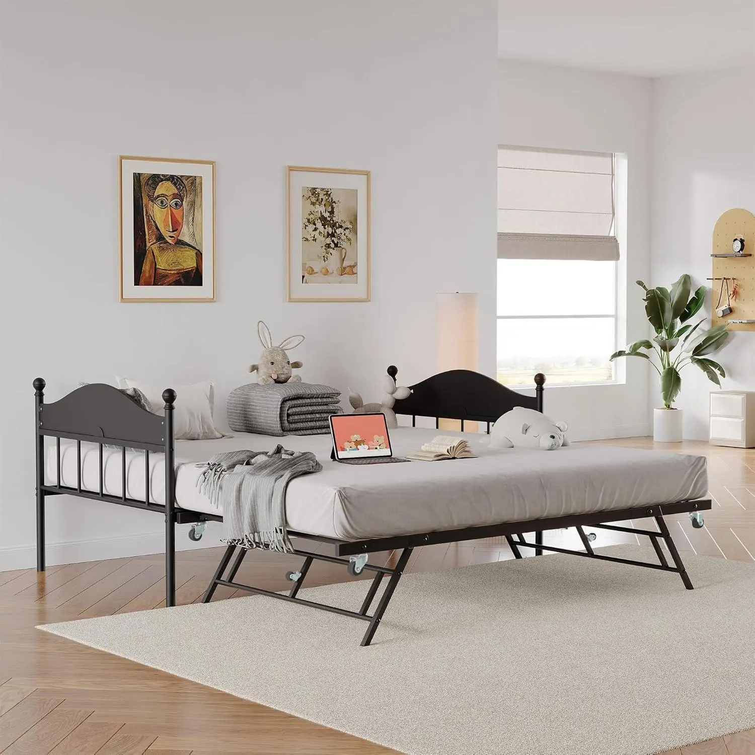 Daybed with Trundle Metal Twin Size Day Bed with Stylish Headboard Sofa BedFrame with Pop Up Foldable Trundle Bed Heavy Duty Steel Slats Platform for Living Room Bedroom and Guest Room Black