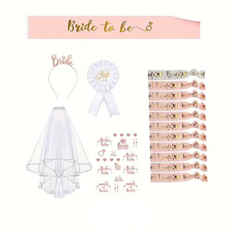 16 Piece Bride Waist Belt Set, Team Bride Waist Belts, Wedding Party Accessories, Women's Bridal Belt, Bracelets, Crown, Headscarf, Tattoo, Party Supplies