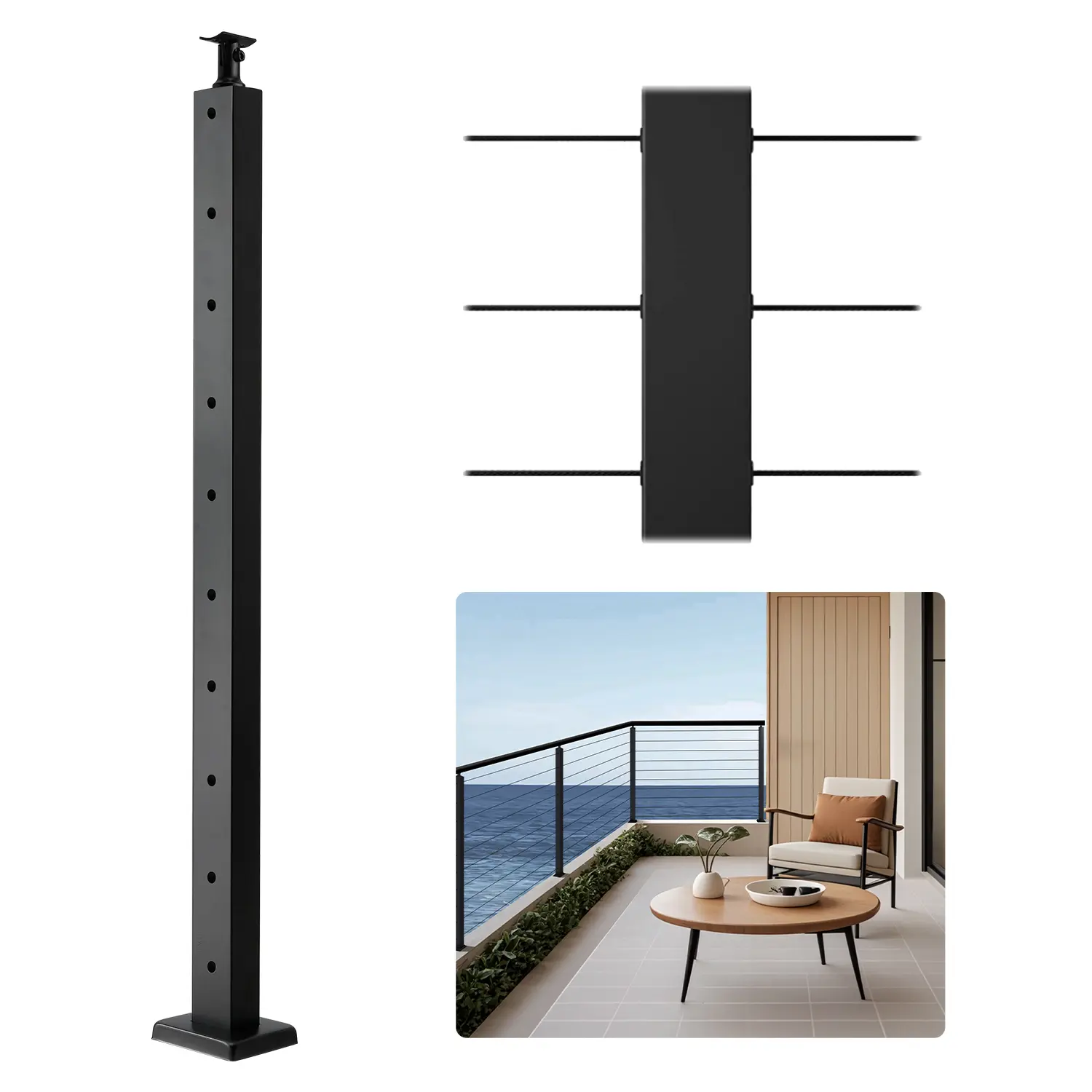 VEVOR 36x1x2 in Metal Cable Railing Post (1-Pack), Pre-Drilled Pickets with Mounting Bracket Stair Railing Kit, Black, Corrosion Protection, Easy Installation & DIY, Compliant with Regulations, DIY Customization, for Balconies, Commercial Offices
