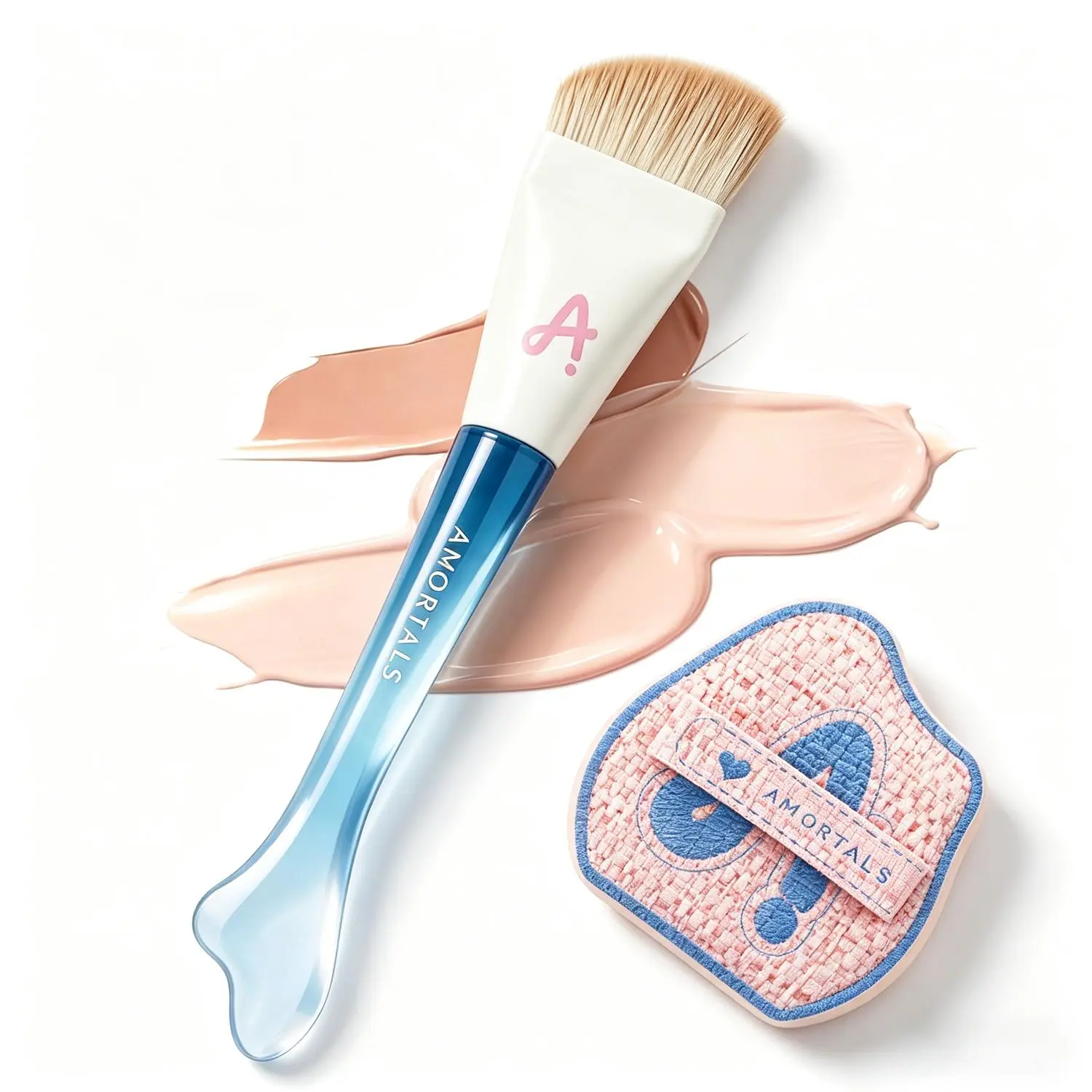 AMORTALS Fishtail Foundation Brush - Cruel-Free Soft-Tip Synthetic Face Brushes with Spatula & Holder, No-Streak Applicator for Liquid Cream Foundation, Cruelty-Free Face Brushes