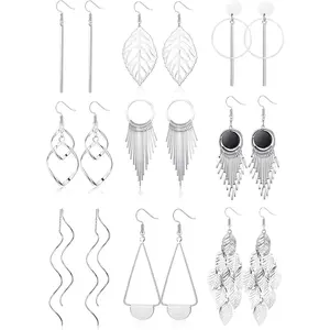 JSTYLE 9 Pairs Drop Dangle Earrings for Women Hypoallergenic Earrings Boho Tassels Leaf Wave Long Pendant Earrings Silver Statement Earrings set Daily