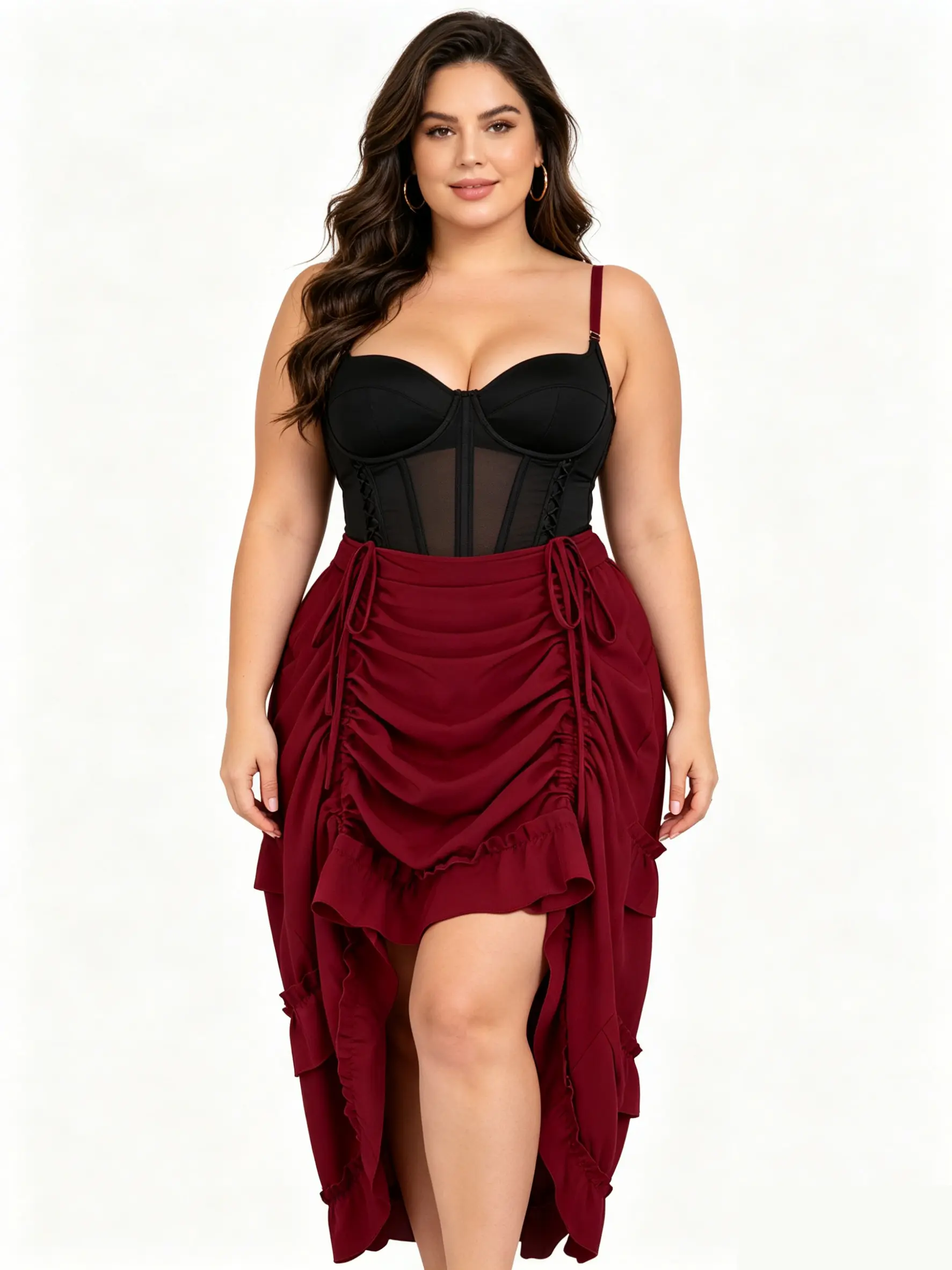 Novall Ruffle Midi Skirt High Low Skirt Adjustable Drawstring Ruched Skirt Gothic Skirt Halloween Costume Skirt Steam Punk Outfit Slimming Skirt for Pear Shapes Dark Aesthetic Clothing Cosplay Party Skirt Daily Versatile Black Skirt Tummy Hiding Skirt