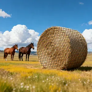 VEVOR Round Bale Hay Net, 4.92 x 4.92 x 4.92 ft, 1.65 inch Holes, PE Material, Knotless Design, with Self-Locking Zip Ties, Needle Shuttle, and Repair Twine, Slow Feeder Round Bale Net for Horses