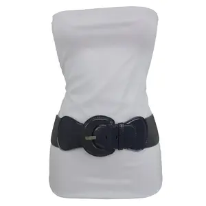 TFJ Women Elastic Fashion Fabric Belt Big Round Buckle Charcoal Dark Grey Color (XS-Medium 25"-35")