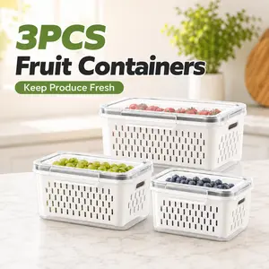 3PCS Fruit Containers for Fridge, Airtight Produce Storage Containers with Removable Drain Basket, Stackable Food Storage Boxes for Berries, Vegetables, Meal Prep and Leftovers