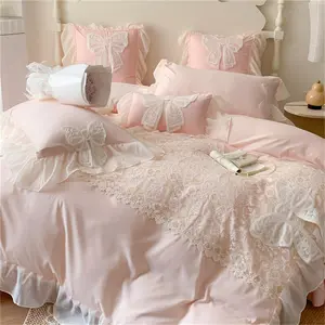 Ruffled Bedding Bow Duvet Cover - Size  Chic Lace Bedding Set with Cute Bowtie-2 Pieces Soft Comforter Cover Set with Zipper Closure-Romantic  Princess Style-No Comforter-, Size