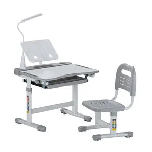 VEVOR Kids Study Chair and Desk Set, Study Desk and Chair for Kids with Table Lamp, Adjustable Height & 0-40° Tilted Desktop Kids Desk and Chair, Children Study Table for Bedroom & Study Room, Grey