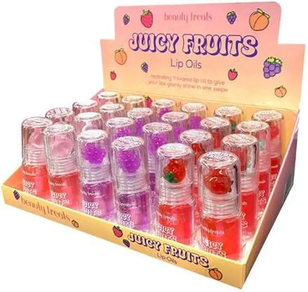 Beauty Treats Juicy Fruits Lip Oil Non-Tinted Fruity Flavored Lip Oil with Peach Grape & Strawberry Flavors for Softer Lips Comforting Simple Ingredients