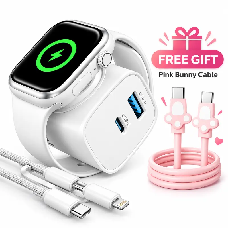 3-in-1 Charger Block for Apple Watch, Built-in Magnetic Watch Charger, 20W PD USB-C & 18W USB-A Dual-Port Fast Charger with 2-in-1 USB-C/Lightning Cable, Compact Travel Adapter for iPhone & AirPods (TikTok Shop SohoChic)