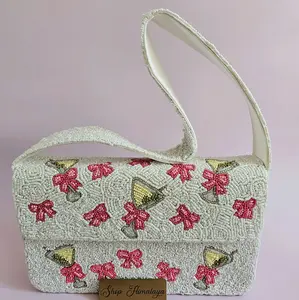 Handmade Martini & Pink Bow Beaded Crossbody Bag | Coquette Aesthetic Seed Bead Clutch | Dirty Martini Dirty 30 Birthday Purse | Preppy Cocktail Party Handbag