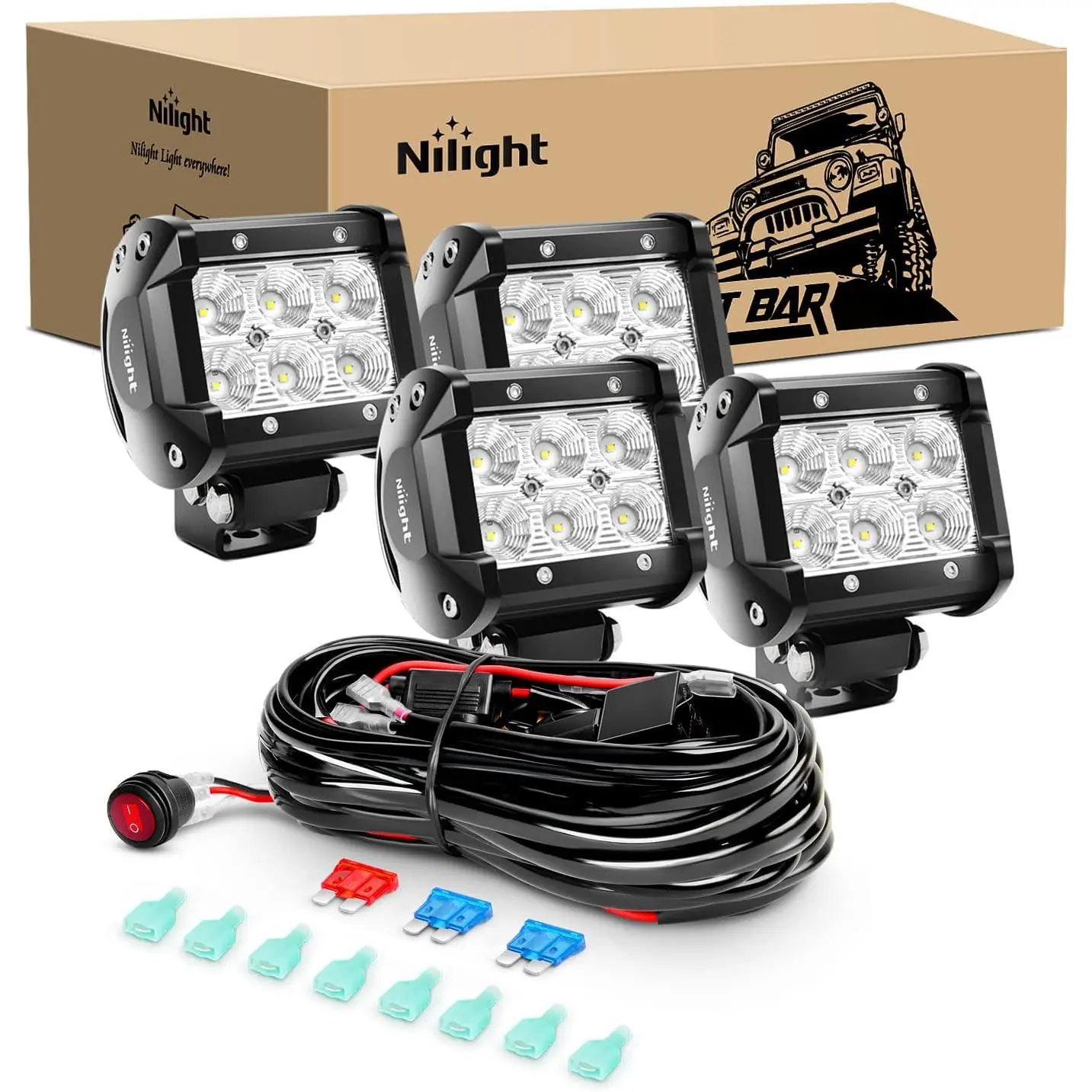 Nilight 4pcs 4-Inch 18W Bright Waterproof Aluminum LED Flood Pod Lights - Flood Beam Off-Road Lamps, 9-30V DC, 16AWG Wiring Harness Kit, Bracket Mountable for Trucks/SUVs, -40~85°C, Better Heat Dissipation, 1260lm, -40~85 Degrees Celsius