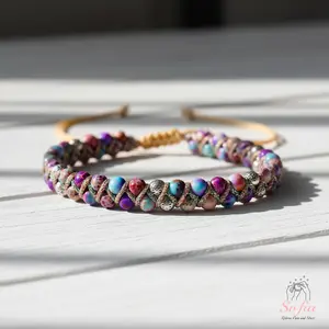 Sofia Natural Boho Sea Sediment Jasper Gemstone Bracelet Purple Stone Crystal Adjustable Bohemia Style for Daily Use Minimalist Gift