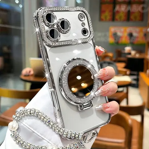Luxury Mirror Stand Smartphone Case - Full Frame Protector, Lens Decor, Foldable Mirror, Hand Chain, Wrist Strap, Multi-Model Accessories for iPhone 12/13/14/15/16/17/18 Pro Max,17 Air,14/15/16 Plus Series