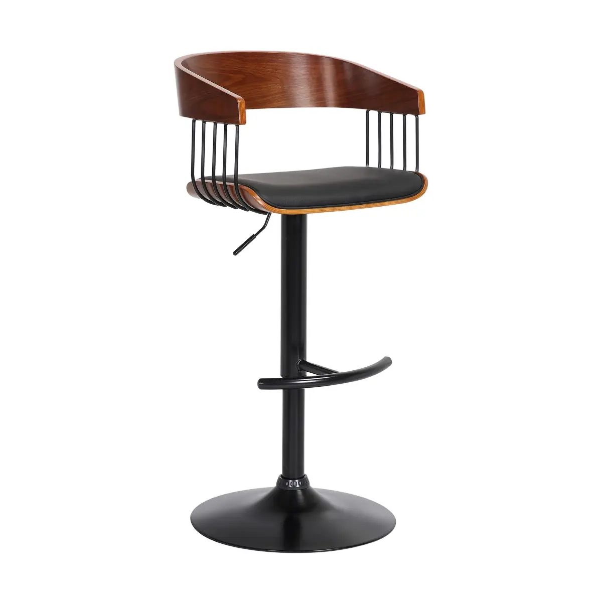 HomeRoots 534462 Black PU Leather Armrest Bucket Seat Indoor Home Bar Stools Counter Height Chair - Metal Frame, Swivel Base, Adjustable-Height with Lever, Clean Design
