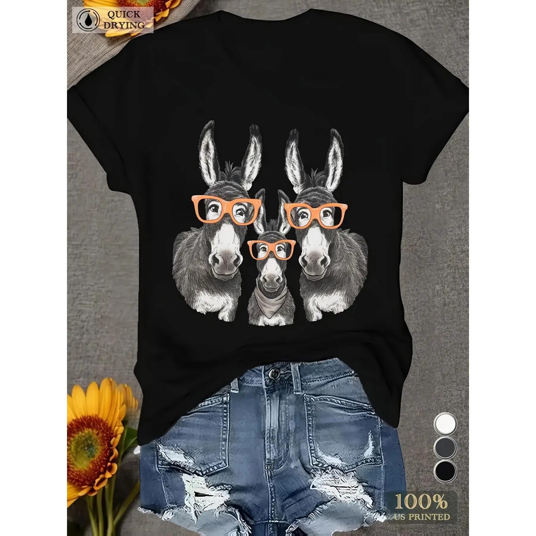 Women's 180g Black Cotton Crew Neck Short Sleeve T-Shirt, Graphic Print with Fun Donkey Wearing Glasses Design, Casual Lightweight Quick Dry Summer Top