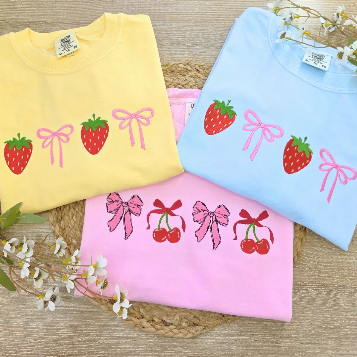 Strawberry Bow Embroidered Comfort Colors Shirt, Spring shirt, Summer shirt, Trendy Oversize Comfort color shirt