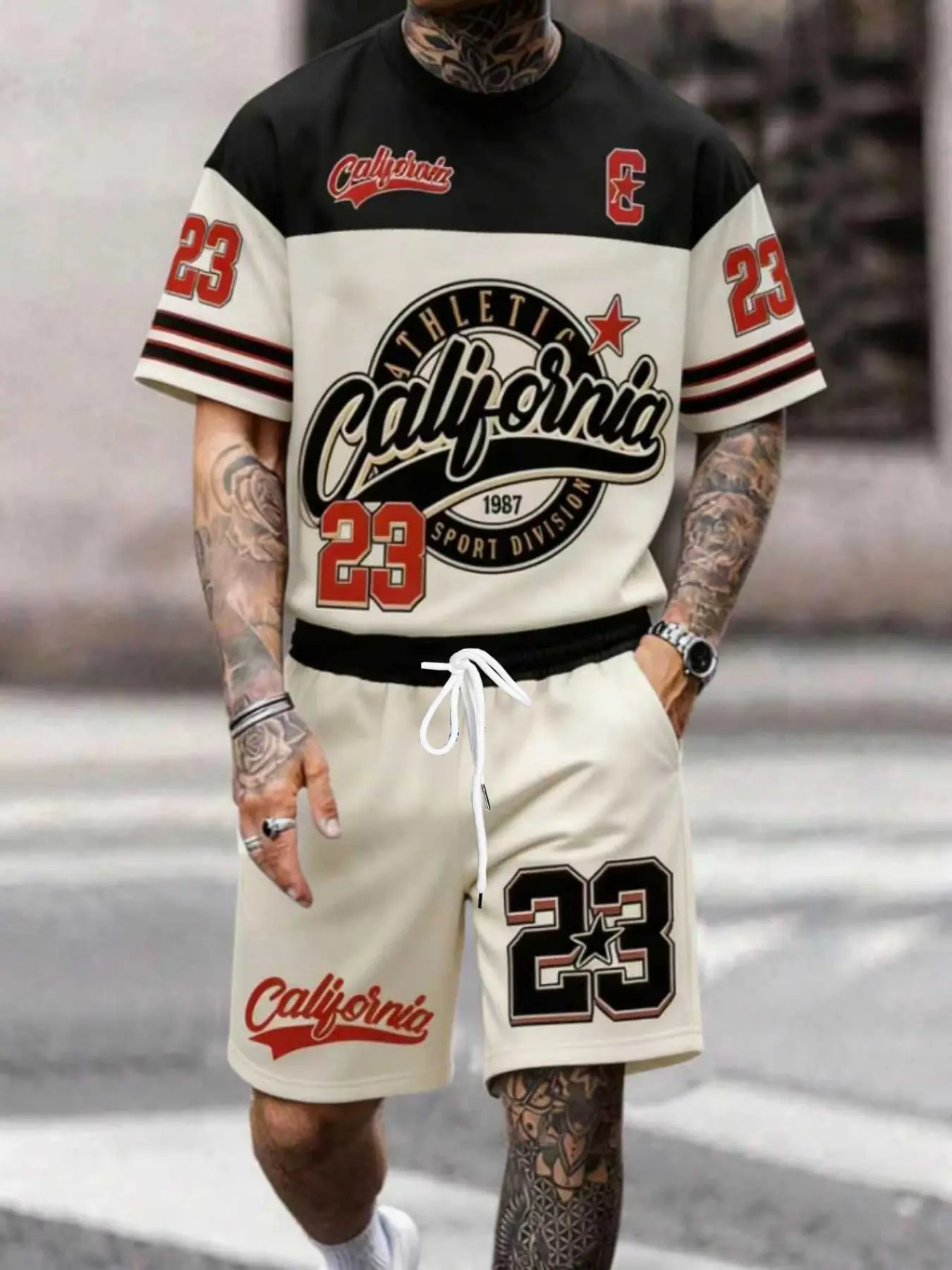 American Retro California 23 Sports Set, Activewear Set, Active Outfits, Street Basketball Style, Summer, Cool Two-Piece Set, Casual Fitted Clothing, Sport Casual Outfit, Sporty Shorts Set
