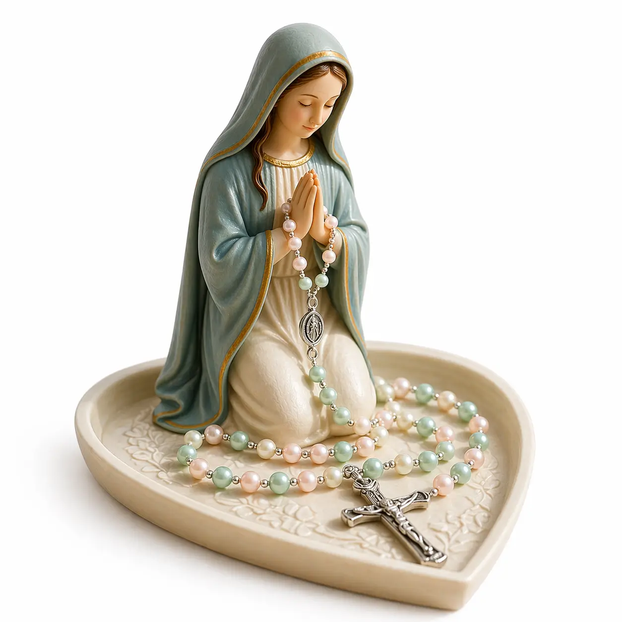 Virgin Mary Rosary Holder, White Resin Catholic Rosary Box with Cross Design for Home Altar, Prayer Table & Religious Gift
