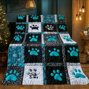 Cute 60x80 Paw Print Patchwork Blanket 280gsm Soft Flannel with Teal Accents All-Season Cozy Throw for Bed Sofa Travel Camping Pet Lover Gift Durable Digital Printed Bedding