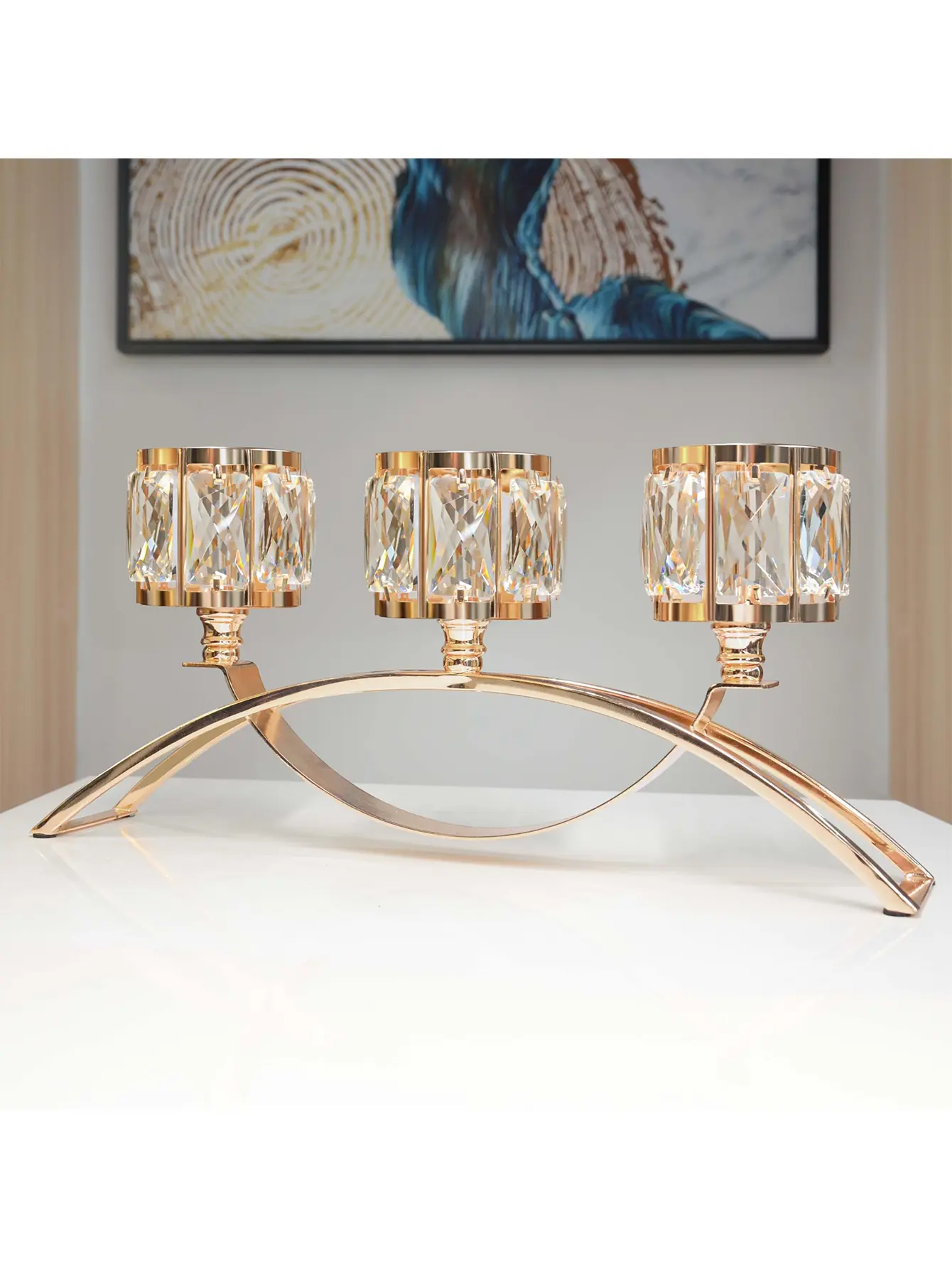 3 Arms Crystal Bowl Tealight Candelabra Votive Candle Stand, Candlestick Holders Wedding centerpieces for Tables Crystal Candlestick，Centerpiece Table Decorations (Gold)