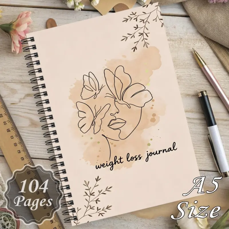 1 A spiral notebook diary for weight loss, helping you achieve physical and mental health. Featuring butterfly line art for facial contouring, watercolor plants, and weight loss and body measurement tracking.