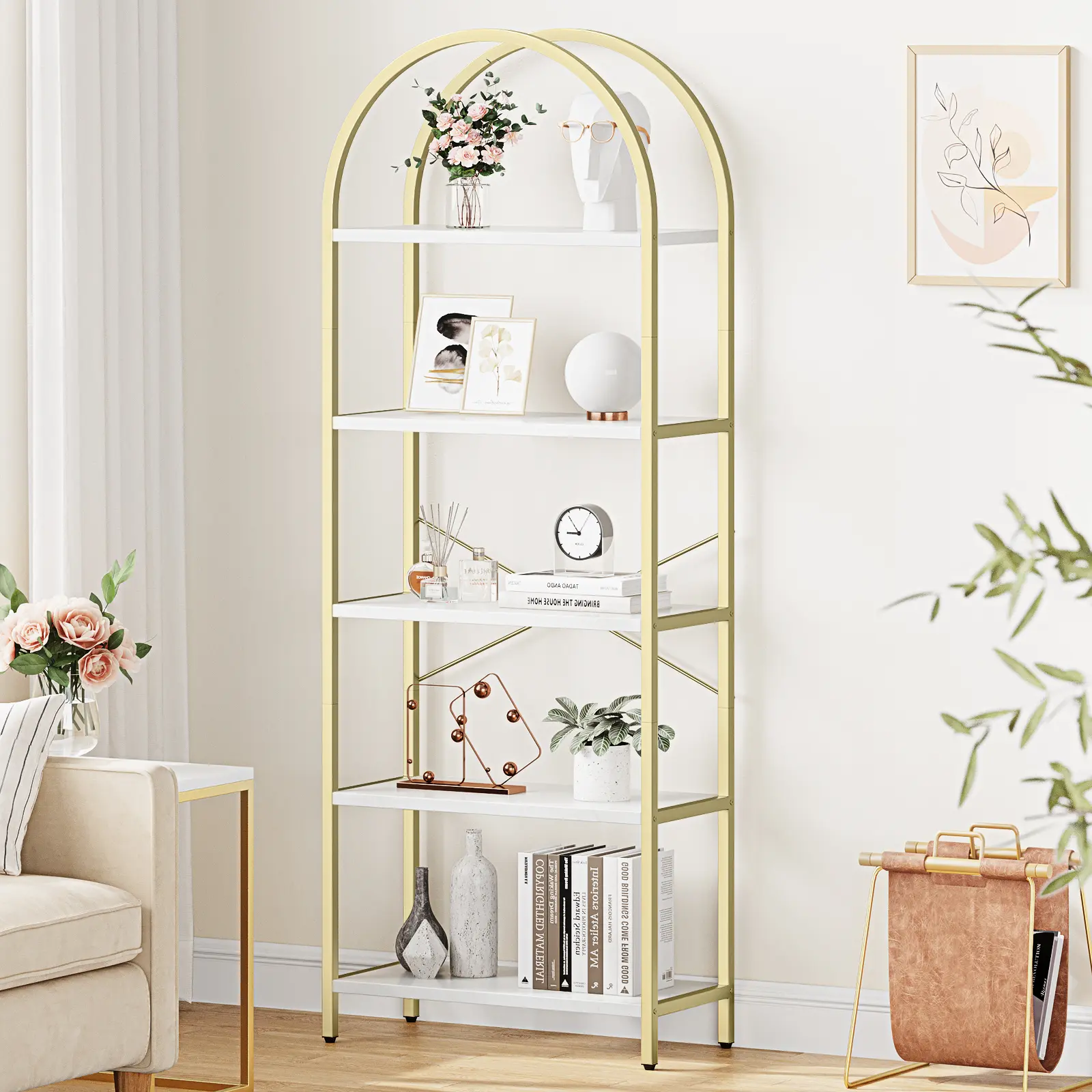 Garvee Modern Arched 5-Tier Bookshelf – Tall Standing Metal Frame – Large Open Wood Display Storage Rack – Contemporary Home Office, Living Room, Bedroom Furniture – White/Gold