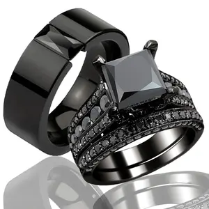 Stylish Couples Ring Set - Durable Stainless Steel with Sparkling Black Cubic Zirconia - Romantic Anniversary Gift for Him and Her - Hypoallergenic & Scratch-Resistant Design