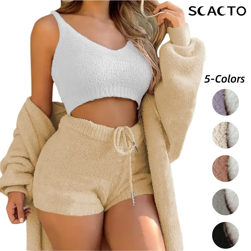 Scacto Women's 3-Piece Solid Velvet Pajama Set - Casual Winter Loungewear with Hooded Coat, Cami Vest and Belted Tie-Front Shorts, Pants, Long Sleeve, Lounge Set For Women Fabric Womenswear, Velvet Fabric, Lady, Stylish, Multi-Size, Drawstring Belt