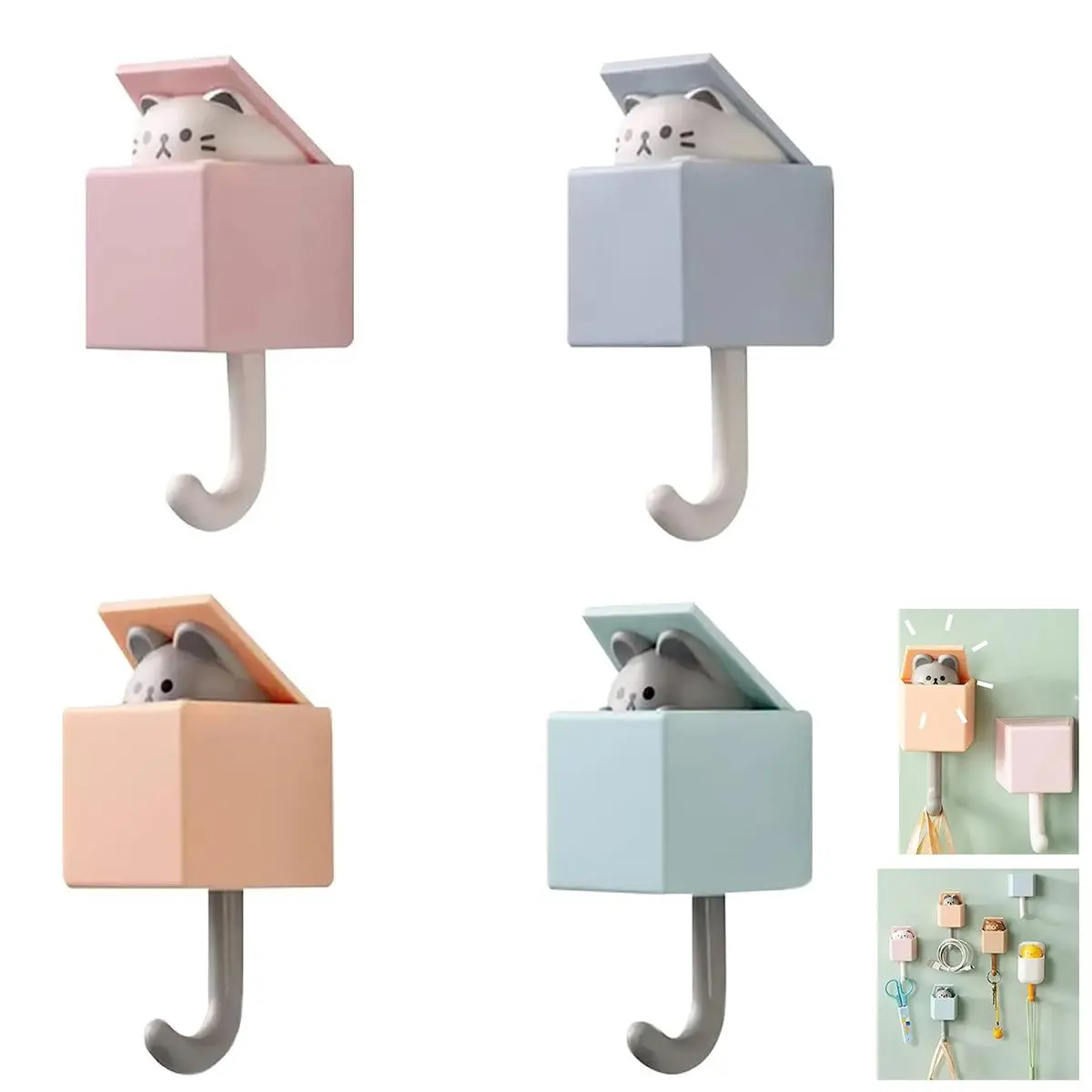Cute Cat Design Wall Mounted Decorative Plastic Wall Hook, Coat Hooks, 4 Counts Set Punch Free Adhesive Organiser Hook, Adhesive Hat Organizer for Coat, Scarf, Hat, Towel, Key, Bag, Utility Hook for Wall Hanging Decorations, Summer for Gift