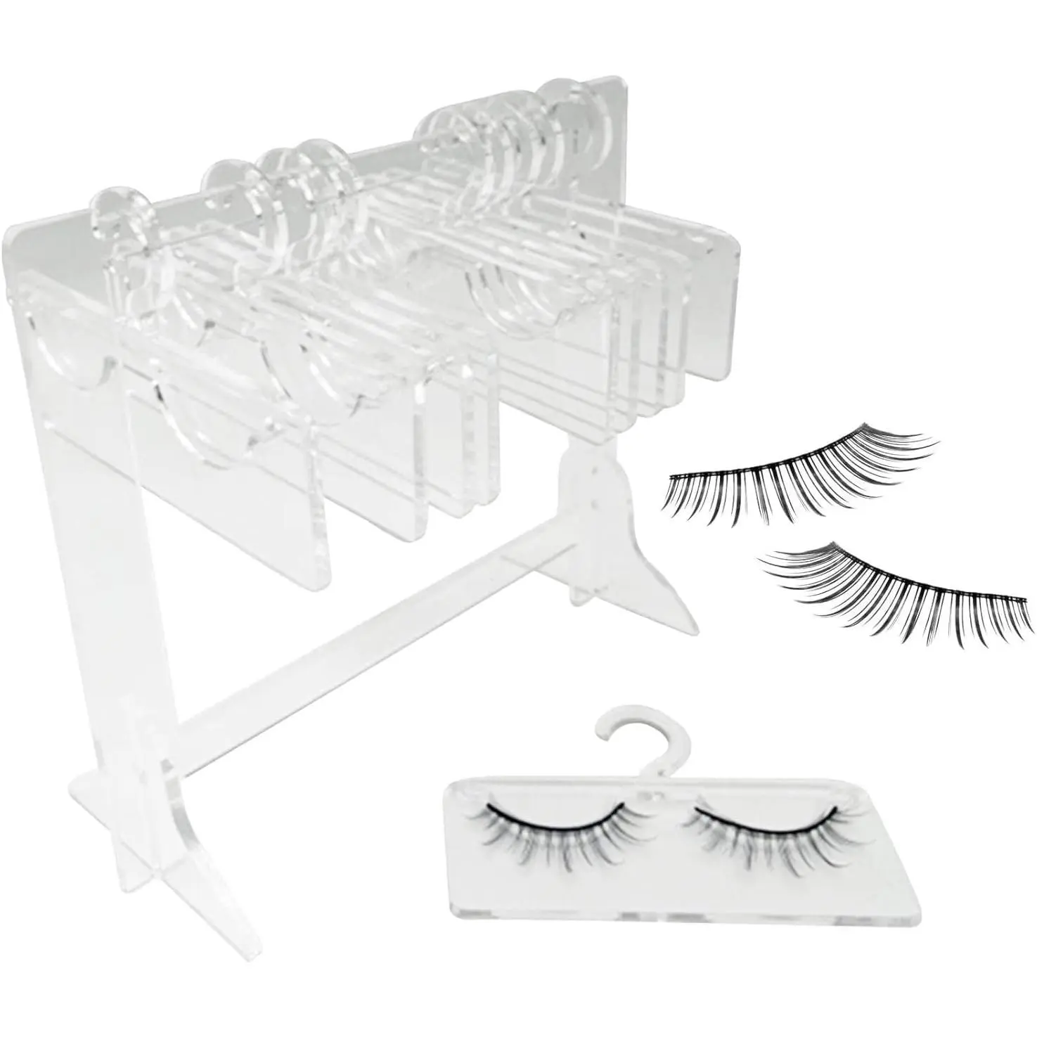 Women's Transparent Tangle-Free Acrylic Eyelash Holder Rack - 10-Hanger Freestanding Modern Compact Vertical Makeup Organizer with Excellent Visibility for Vanity Countertop Storage, Durable Beauty Caddy
