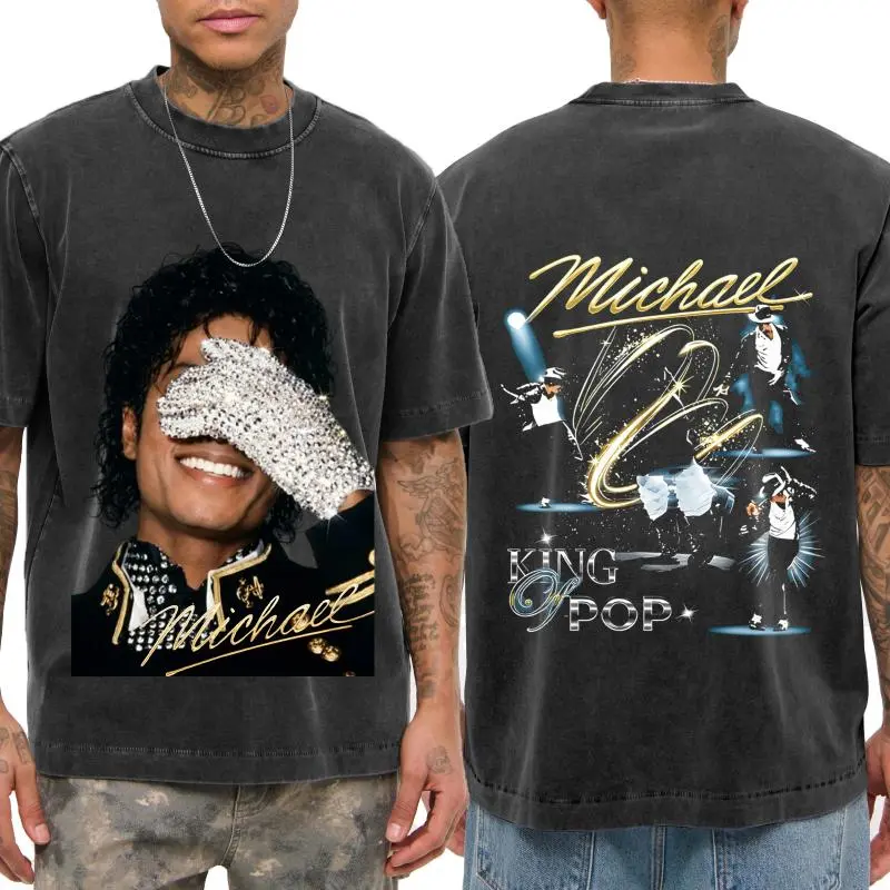 Men's Classic Thick Combed Cotton Vintage Washed Double-Sided Michael Jackson Graphic Short-Sleeve T-Shirt - Distressed Wash, Metallic Silver Rhinestone Glove Print, Oversized Streetwear, Fan Gift
