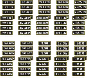 Can Vinyl Sticker Set Decal Label for Cans Cases Boxes .22 .223 .308 9MM .380 .45 5.56 7.62 12GA 300BLK Black (80 Pack/10 Varieties)