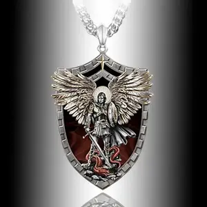 Men's Stainless Steel Necklace Warrior Guardian Angel Saint Michael Pendant Necklace Men's Knight Shield Necklace Jewelry Gift