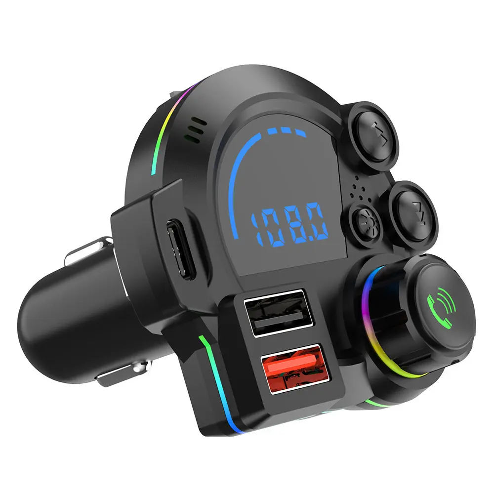 PD 20W Type-C Car Charger & Bluetooth 5.3 FM Transmitter, Wireless MP3 Player with Dual USB Ports, Bass Sound Enhancer, RGB Glowing Radio Adapter, Hands-Free Calls, Car Accessories & Road Trip Essentials, Compatible with 12V-24V[Black]