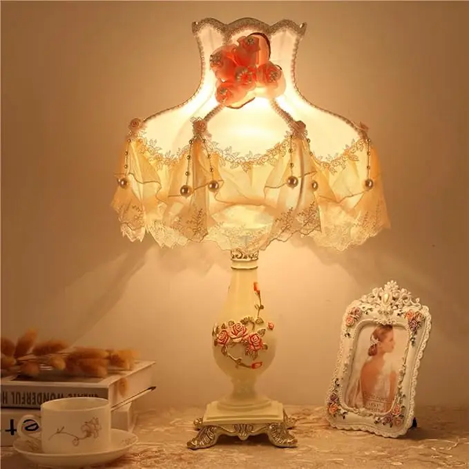 CNCEST 1-Light Resin Flower Design Lamp - Blush Pink Gauze-Lace Beaded Shade, Victorian European Pastoral House Decor Lights, Whimsical Bedroom Decor Ideas (Bulb Not Included)