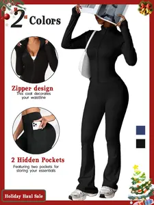 Women's Slimming Sportswear Athletic Stretchable Yoga Jacket & Pants Set, Gym Clothes Set, Gym Training, High Stretch Sweat-Wicking Quick-Dry, All Seasons Wear, Sports Activewear Set