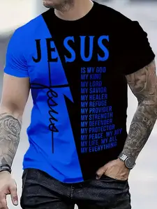 Men's Jesus Faith Fitted T-Shirt, Fashion Color Block Short Sleeve, Trendy Religious Graphic Tees for Couples, Comfortable and Breathable Design