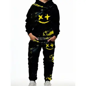 [3D Smiling Face Hoodie Set] Thick, Warm, and Stretchy Boys' 3D Smiling Face Hoodie & Joggers Set |         Cozy for Spring/ Fall, Perfect for Outdoor
