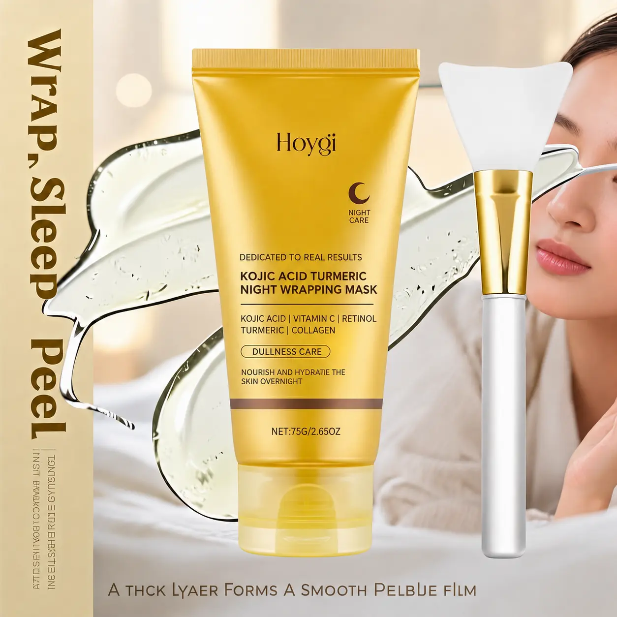 Hoygi Kojic Acid Turmeric Peel-Off Night Wrapping Mask with Vitamin C, Retinol, Collagen, Hydroxyacid - Face Care Products for Dullness Care, Brightening, All Skin Types - 75g/2.65oz, Brightening Products, Unisex